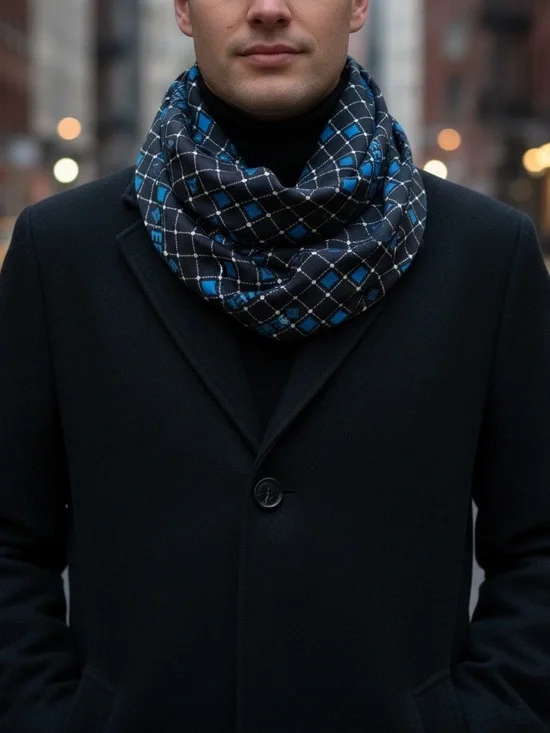 Men's Blue Silk Patterned Infinity Scarf - Stylish Winter Accessory