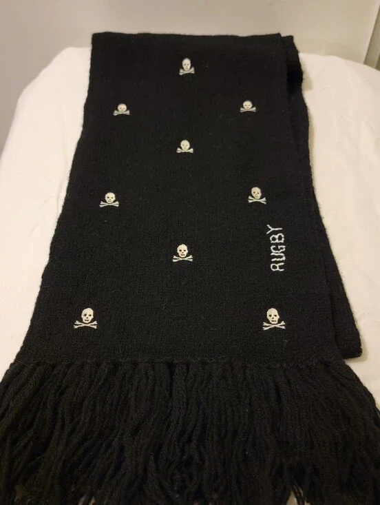 Ralph Lauren Black Skull Knit Scarf with Fringe