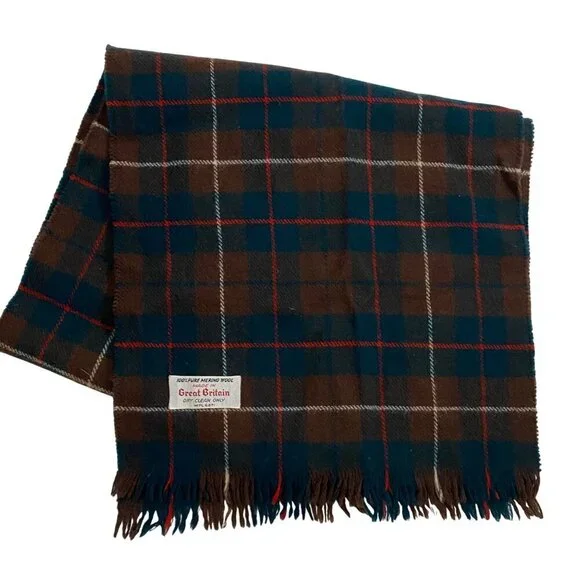 100% Pure Merino Wool tartan Plaid Scarf Made In Great Britain brown green red