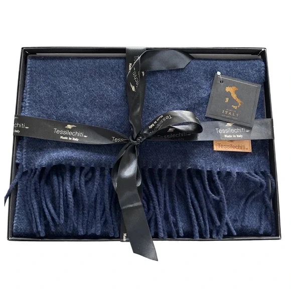 Tessilechiti 1967 Navy‎ Blue Scarf Made in Italy Luxury Yarn Wool Cashmere Blend