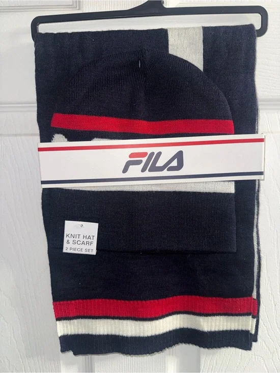 FILA Knit Hat & Scarf Set in Navy, Red, White