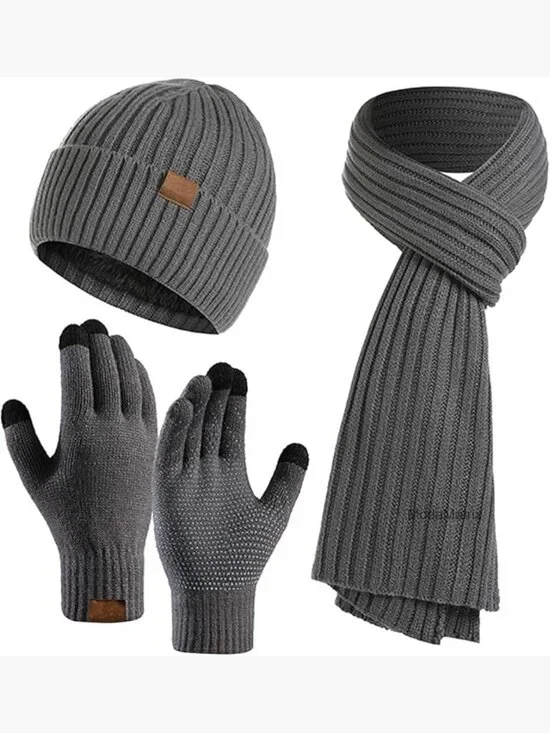 Unisex 3-Piece Knit Hat Scarf Gloves Set Warm Touchscreen Winter Gear