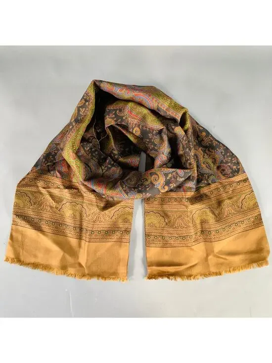 VINTAGE Brown Multi Color Paisley Silk Fringe Scarf