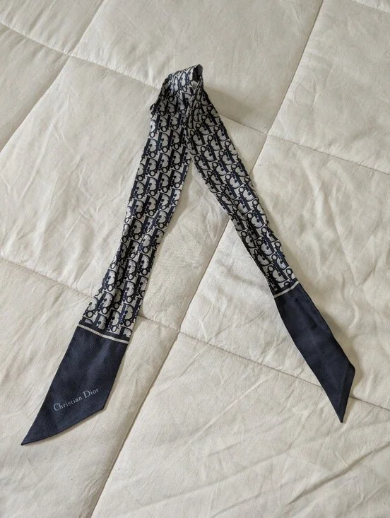 Dior Navy and Cream Logo Twilly Scarf