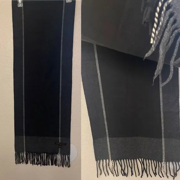 Stewart of Scotland men’s black grey herringbone scarf acrylic 13.5x76