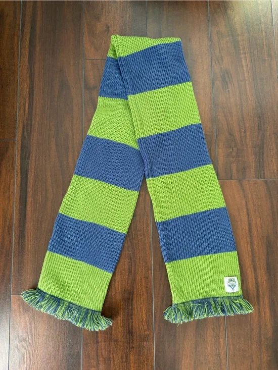 Seattle Sounders Green and Blue Striped Knit Thick Scarf with Fringe