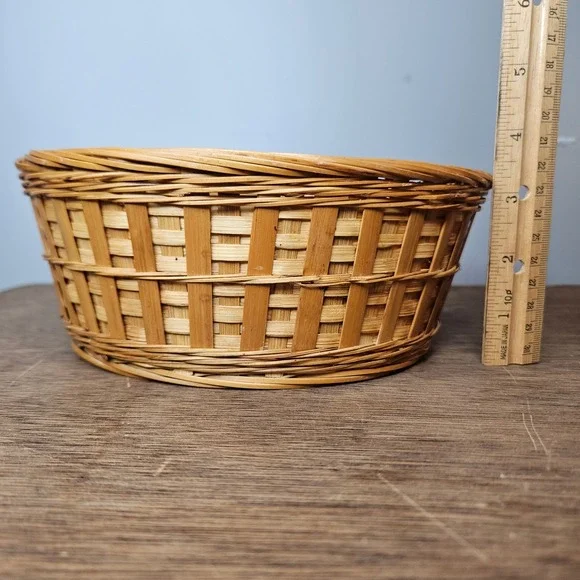 Vintage Natural Woven‎ Bamboo Round Basket Boho Farmhouse Fruit Bowl 8.5 Inch