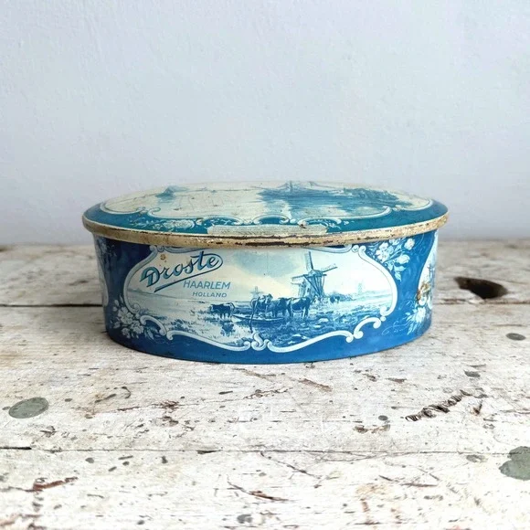 Vintage‎ Droste Haarlem Holland Oval Chocolate Tin Delft Blue Windmill Sailboat