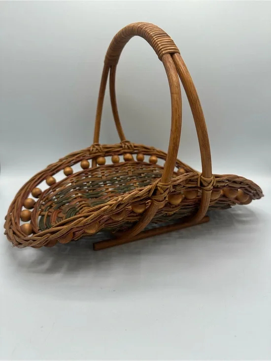 VTG Wicker/Rattan Foraging Gathering Basket Wooden Beads CountryCore Philippines