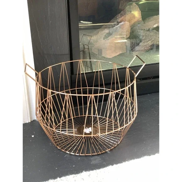 Modern Geometric Rose‎ Gold Metal Wire Storage Basket Round Copper Bin w Handles