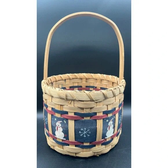 Hand Woven Round Splint Basket Snowman Snowflake Winter Holiday Handle 12x8