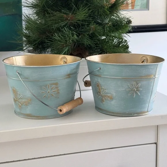 Blue Metal Buckets with Gold Accents and Gold Inside Decorative Use