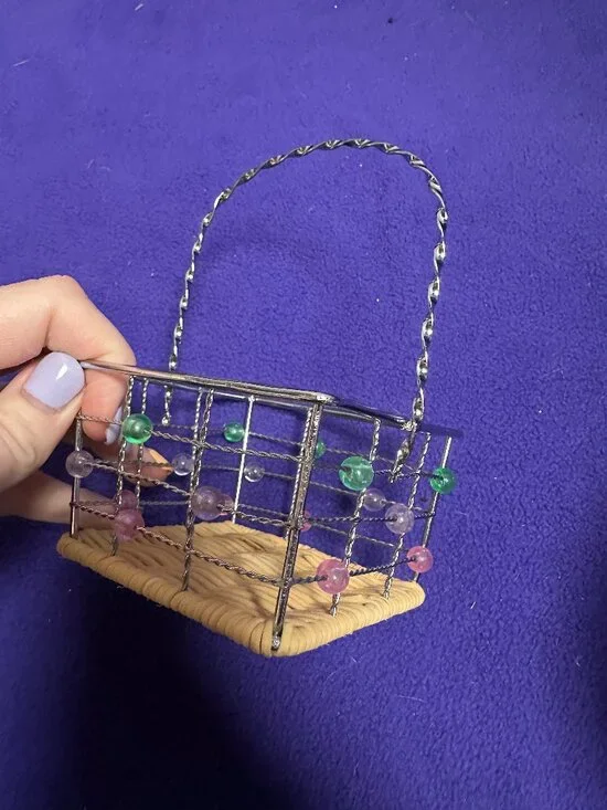 Vintage Mini Metal and Wire Silver Pink Green Beaded Handle Basket 5.5