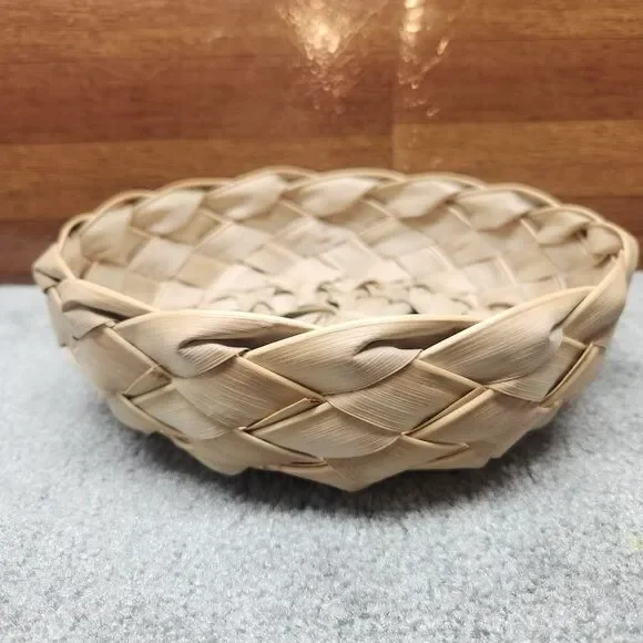 Handwoven Frond Basket Round Natural Fiber Braided Rustic Farmhouse Boho Decor