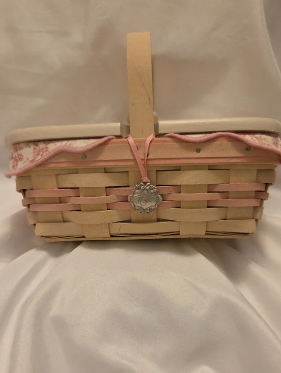 Longaberger Beige and Pink Woven Picnic Basket with Charm