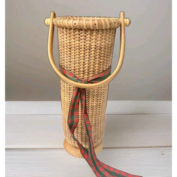 Vintage Nantucket Lightship Style Woven Wine Basket Carrier Cylinder Vase 11