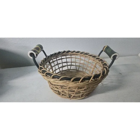VINTAGE ROUND‎ WOVEN BASKET WICKER WITH SUNFLOWER CERAMIC HANDLES