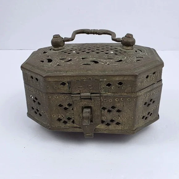 Antique Brass Cricket Box Octagon Ornate Pierced Metal Trinket Case
