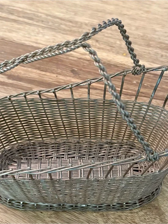 VINTAGE MCM SILVER WIRE WOVEN BASKET WINE CARRIER CADDY METAL