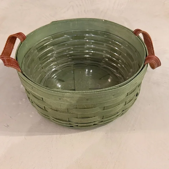 Longaberger Green Woven Basket w/ Leather Handles and Plastic Liner signed