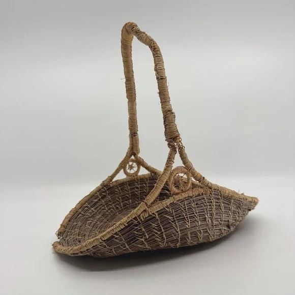 Vtg Handmade Pine Needle Gathering Basket Wrapped Handle Southern Folk Art Decor