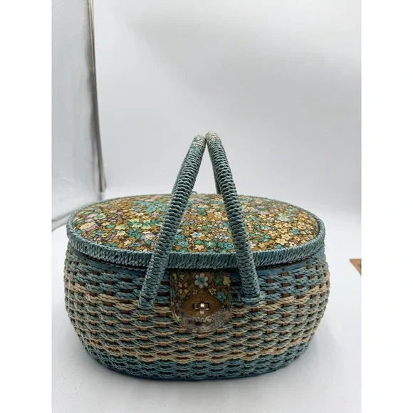Vintage Wicker Woven Sewing Basket W/Notions Thread & Tray Flower Power Japan