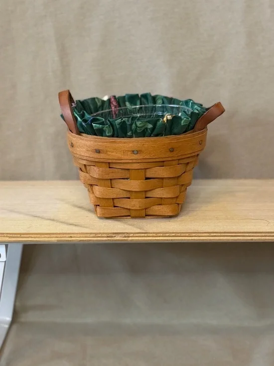 Longaberger Brown Woven Basket with Green Fabric Liner