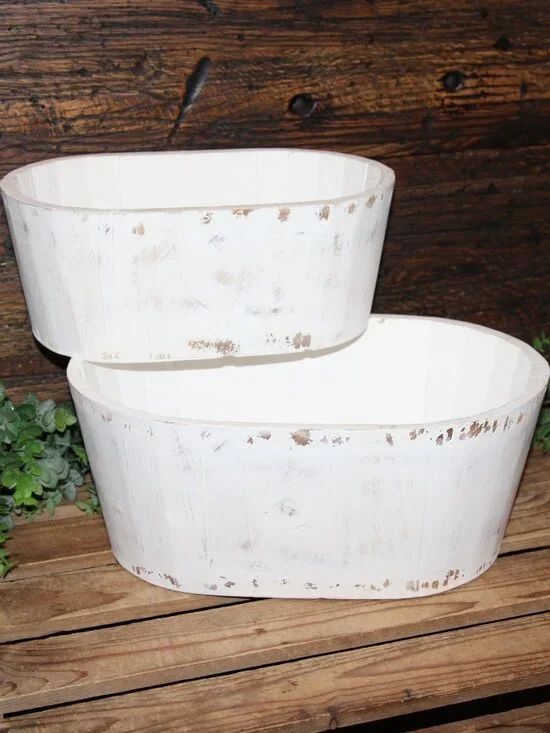 Pair of Large White Shabby Distressed Oval Wood Farmhouse Planter Buckets