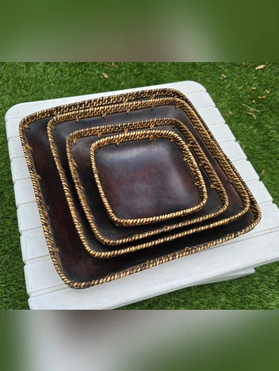 Vintage MCM Espresso Finished Square Wooden Nesting Trays with Woven Rim