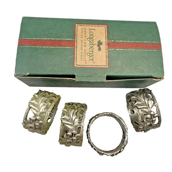 Longaberger 2001 American Holly Pewter Napkin Rings Set 4 Christmas NEW