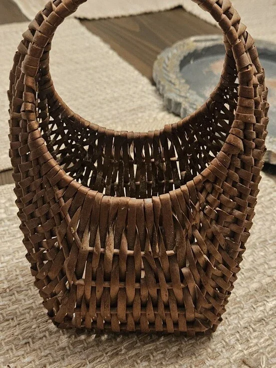 Vintage Handwoven Brown Wicker Basket Bag 5 1/2 X 9 In
