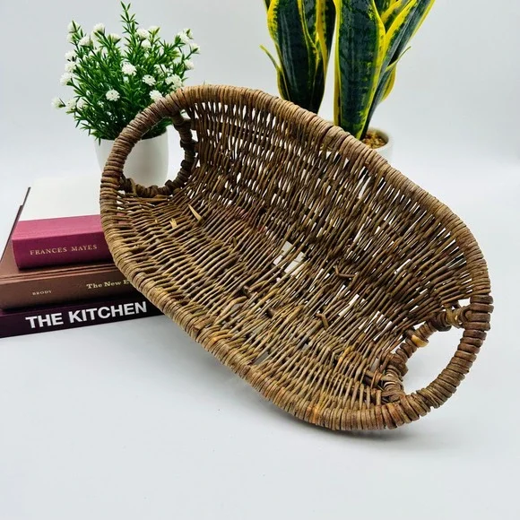 Vintage Wicker Basket Rustic Hand Woven Twig Decorative Tray with Handles