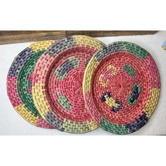 Vintage PIER ONE IMPORTS Large Hand Woven Straw Basket Bowl‎ Tray Fiesta Decor