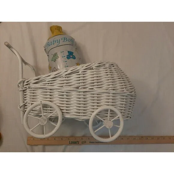 Vintage White Wicker Baby Carriage Basket 15