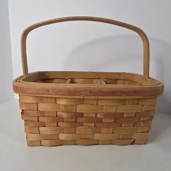 Vintage Wooden Condiment Caddy Basket Divided Sections Wide Handle