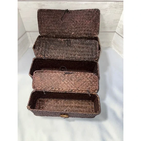 Set of 3 Nesting Woven Seagrass Storage Baskets Dark Brown Rectangle Lidded Box