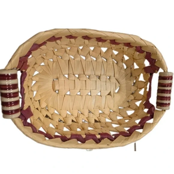 Woven Basket Striped Ceramic Handles Decor Farmhouse Rustic Cottagecore Boho