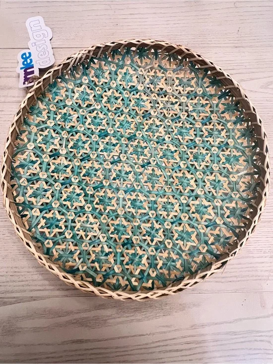 Woven Round Rattan Decorative Tray in Teal and Natural - 14”