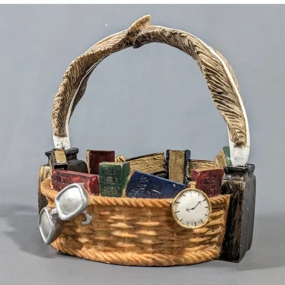 Vintage Resin Literary Trinket Basket Books Quill Pen Spectacles Decor