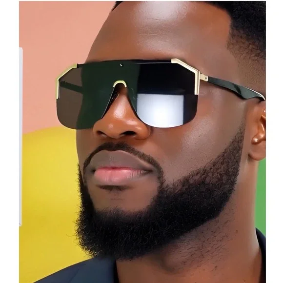 Men Sunglasses Black Lens‎ Gold Trim Men Women Wrap Around Style Hip Hop Rapper