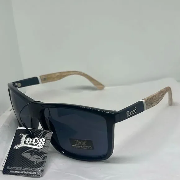 Locs 91155 Hardcore Shades – Rectangular Biker Sunglasses with Woodgrain Print A