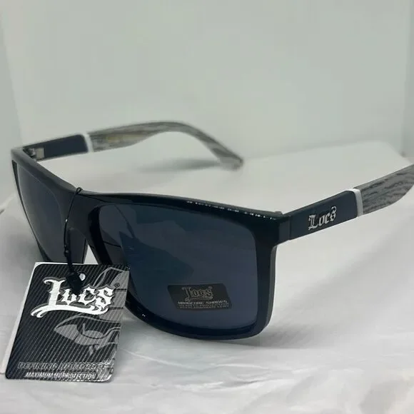 Locs 91155 Hardcore Shades – Rectangular Biker Sunglasses with Woodgrain Print A