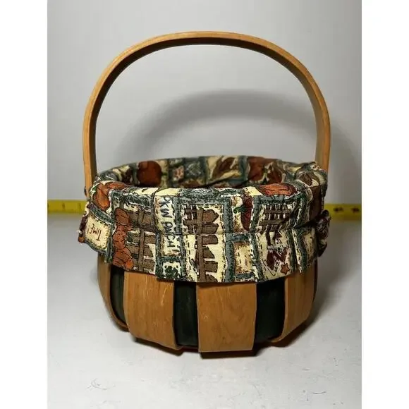 Vintage Wooden Basket Bent Wood Handle Cloth Lined Harvest Nailed Bottom