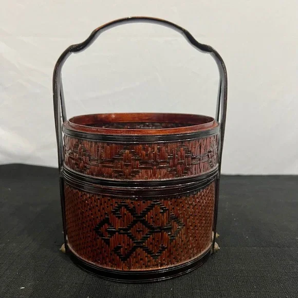 Vintage Chinese Woven Bamboo Wedding Basket Round Lacquered Wood Brass Art 208