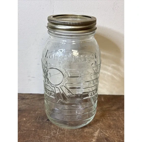 Longaberger Blue Ribbon Collection Clear Glass Quart Canning Jar