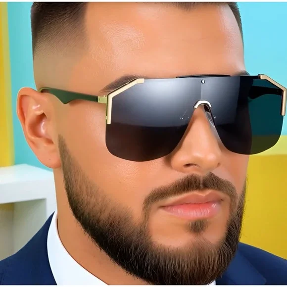 Shield Sunglasses Men Gold Accents Oversized Fashion‎ Visor Sun Glasses Lentes