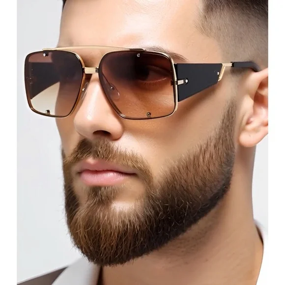 Shield Sunglasses Mens Square Oversized Fashion Shades Gold Frame UV400 Protect‎