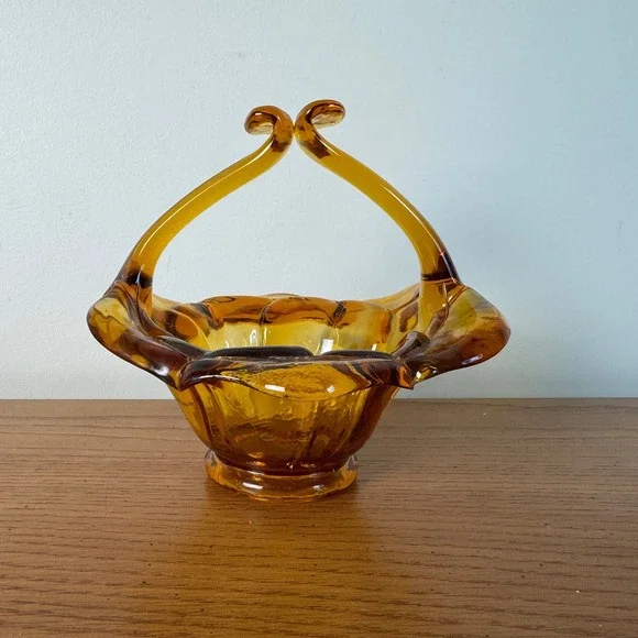 Amber Glass Basket Decorative Candy Dish Collectible Vintage‎ Handled Vase