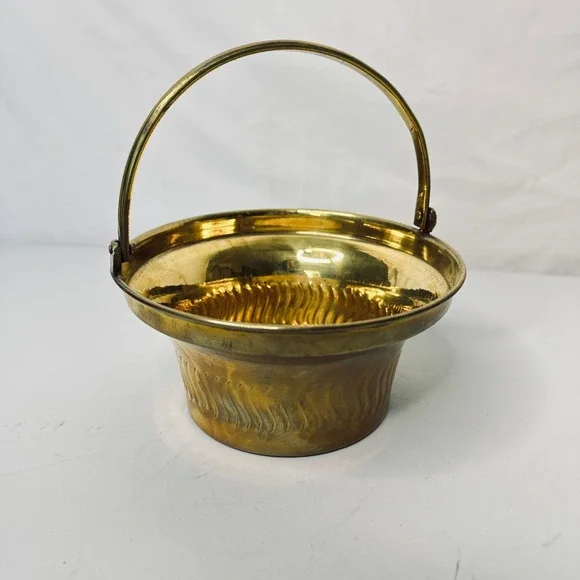 Vintage Brass Basket Bowl with Handle Made in India Fluted Embossed Decorative