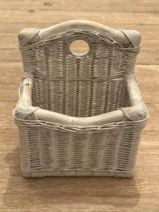 Vintage Woven Wicker Wall Basket Whitewash Painted Finish Cottage Coastal